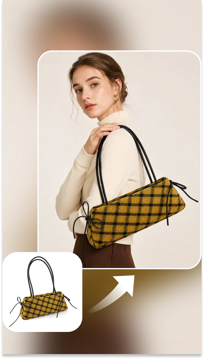 a woman carrying a yellow plaid handbag based on the product reference
