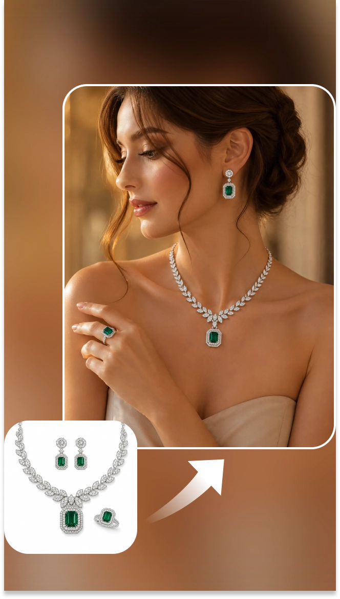 a woman wearing a necklace and earrings based on jewelry reference images
