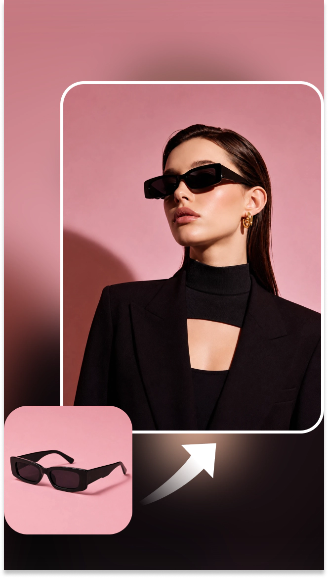 a woman wearing black sunglasses with a pink studio background
