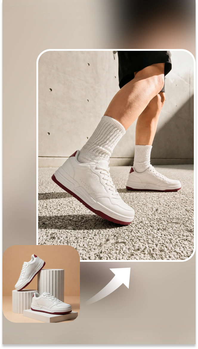 white slip-on shoes shown on a model’s feet
