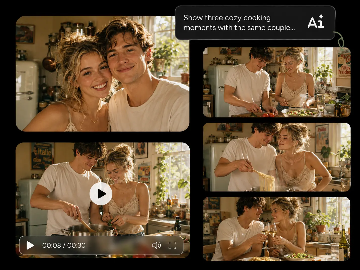 A storyboard video of a couple cooking in the kitchen, generated by wan3.0