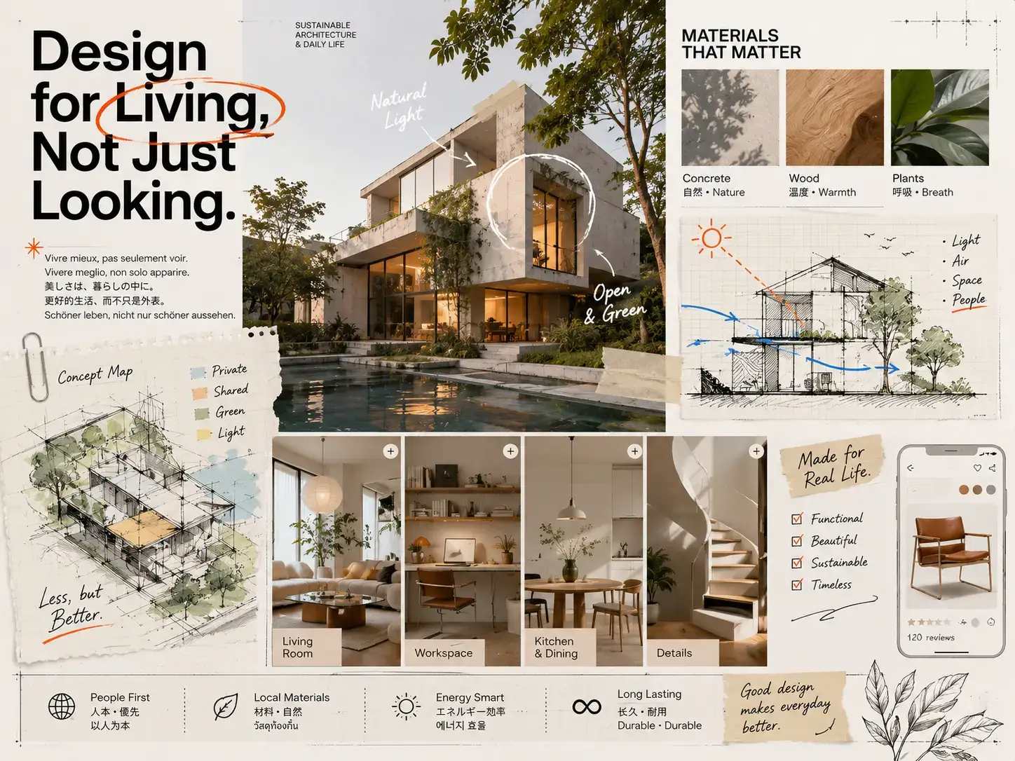 Qwen Image 3.0 creates a multilingual sustainable architecture mood board