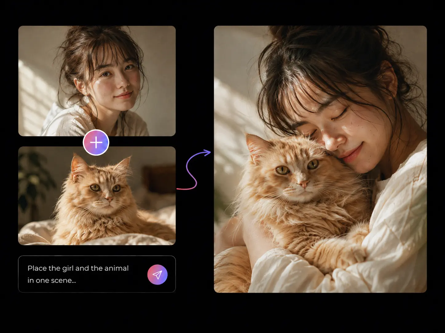 Qwen Image 3.0 combines reference images of a woman and a cat