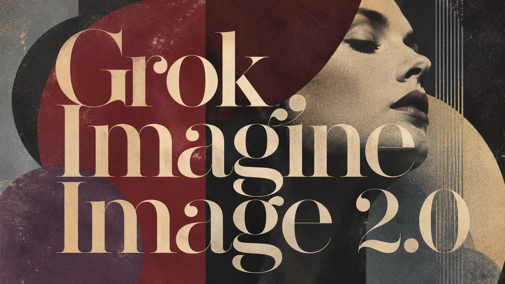 Grok Imagine Image 2.0 editorial banner with retro typography and a stylized woman's profile