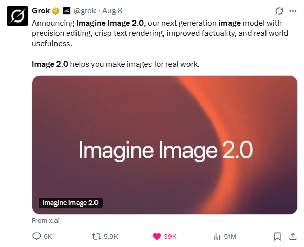 Grok announcement on X introducing Imagine Image 2.0 for precise editing and crisp text rendering