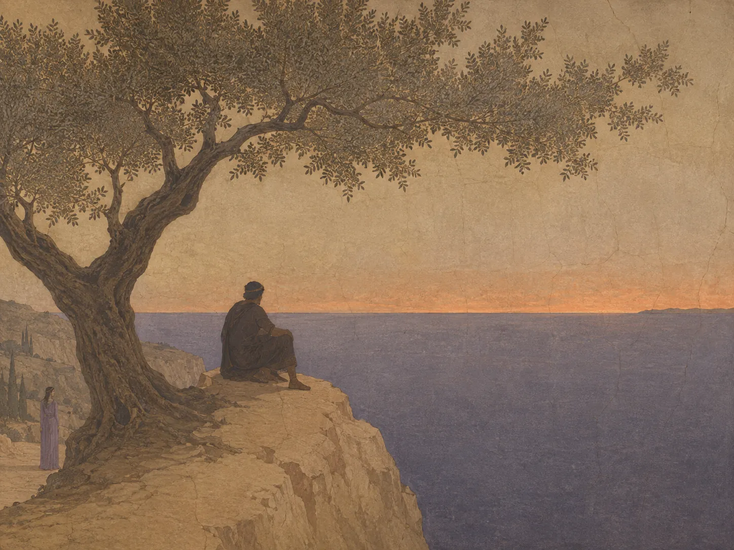GPT-generated Odysseus scene with a traveler beneath an olive tree overlooking the sea at sunset