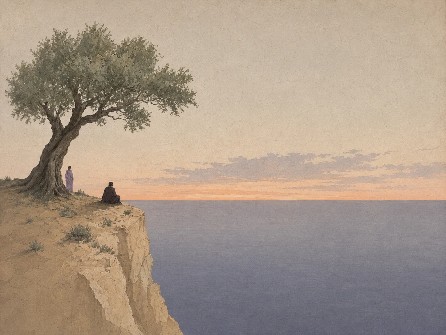 Grok Imagine Image 2.0 artwork of Odysseus and a woman beside an olive tree on a coastal cliff