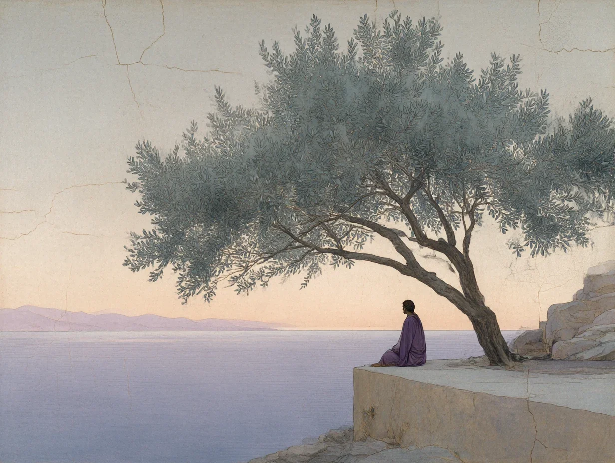 Midjourney-generated Odysseus seated beneath an olive tree overlooking a calm Mediterranean sea