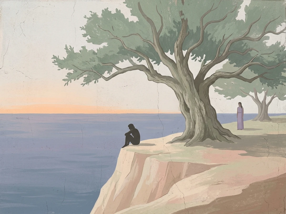 Nano Banana illustration of Odysseus on a seaside cliff beneath an ancient olive tree