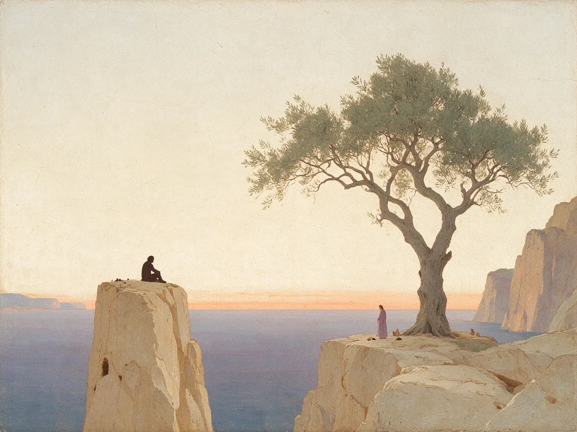 Seedream-generated Odysseus scene with two figures, an olive tree and sunlit Mediterranean cliffs