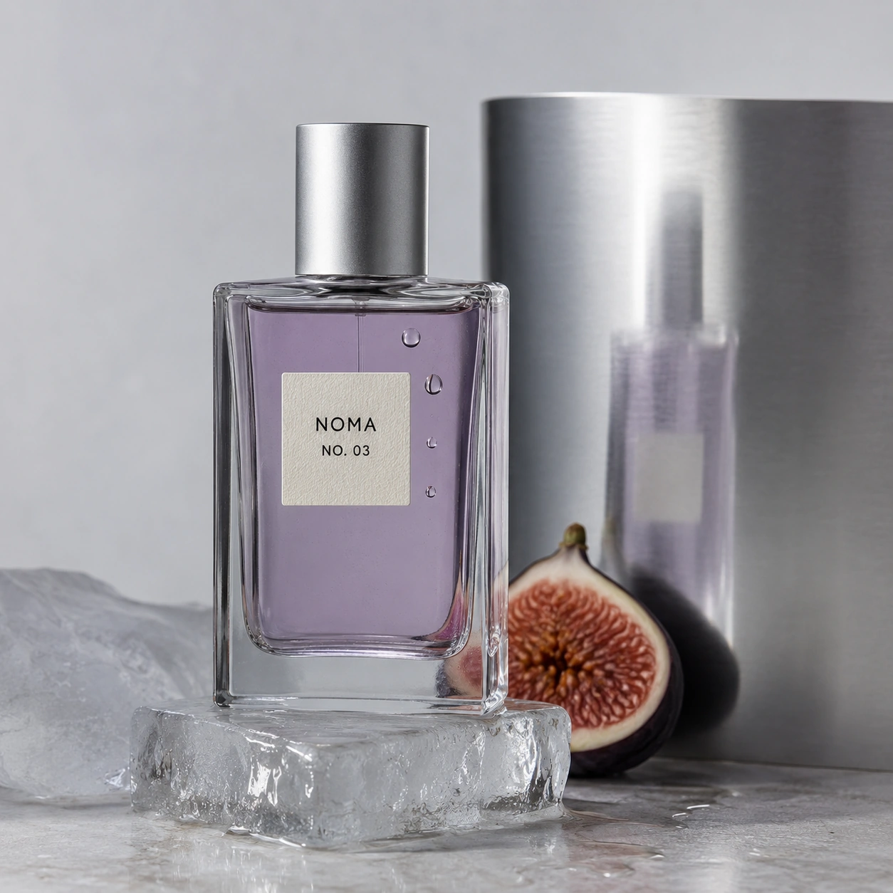 GPT-generated NOMA No. 03 perfume bottle with fig, ice and brushed metal in a studio still life