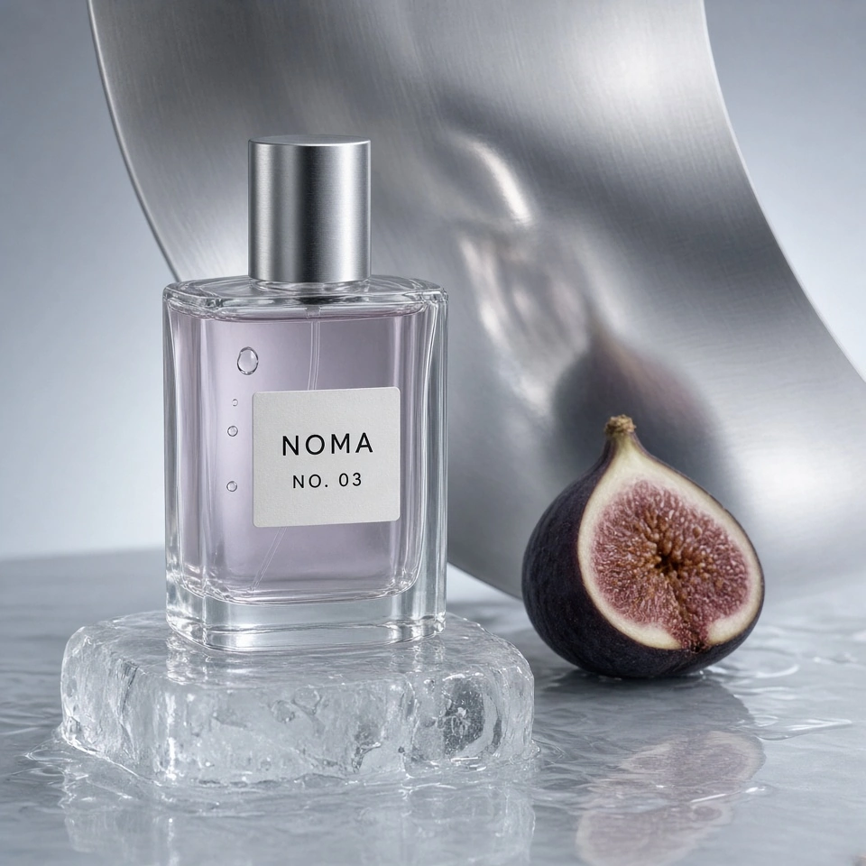 Grok Imagine Image 2.0 product photo of NOMA No. 03 perfume, a sliced fig and melting ice