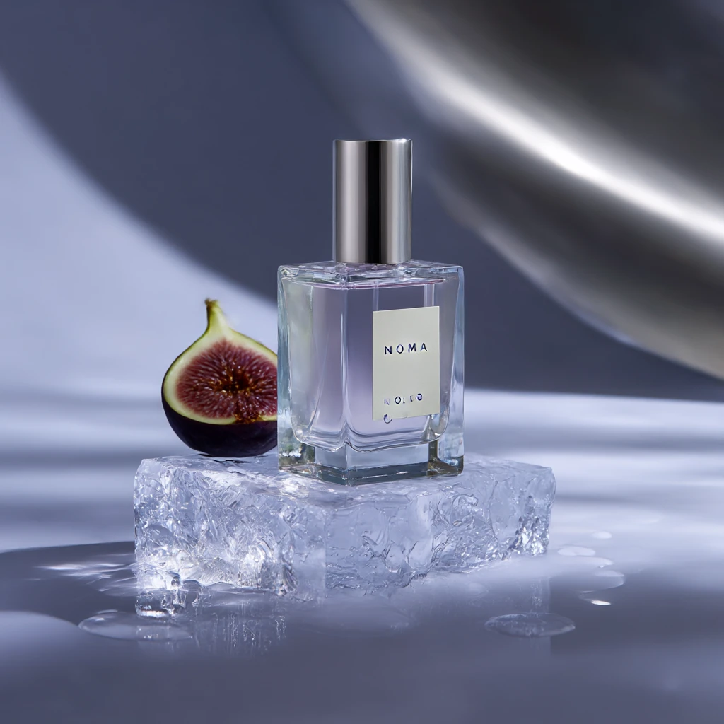 Midjourney perfume product shot with a glass bottle, sliced fig and ice under cool studio lighting
