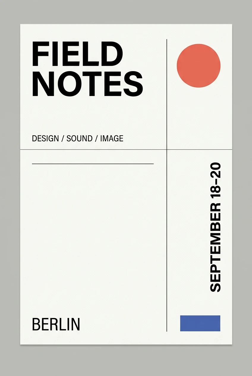 Nano Banana minimalist Field Notes Berlin poster with a red circle, blue rectangle and grid lines