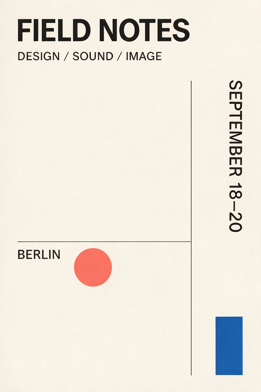 Seedream minimalist Field Notes Berlin event poster with modern typography and geometric accents