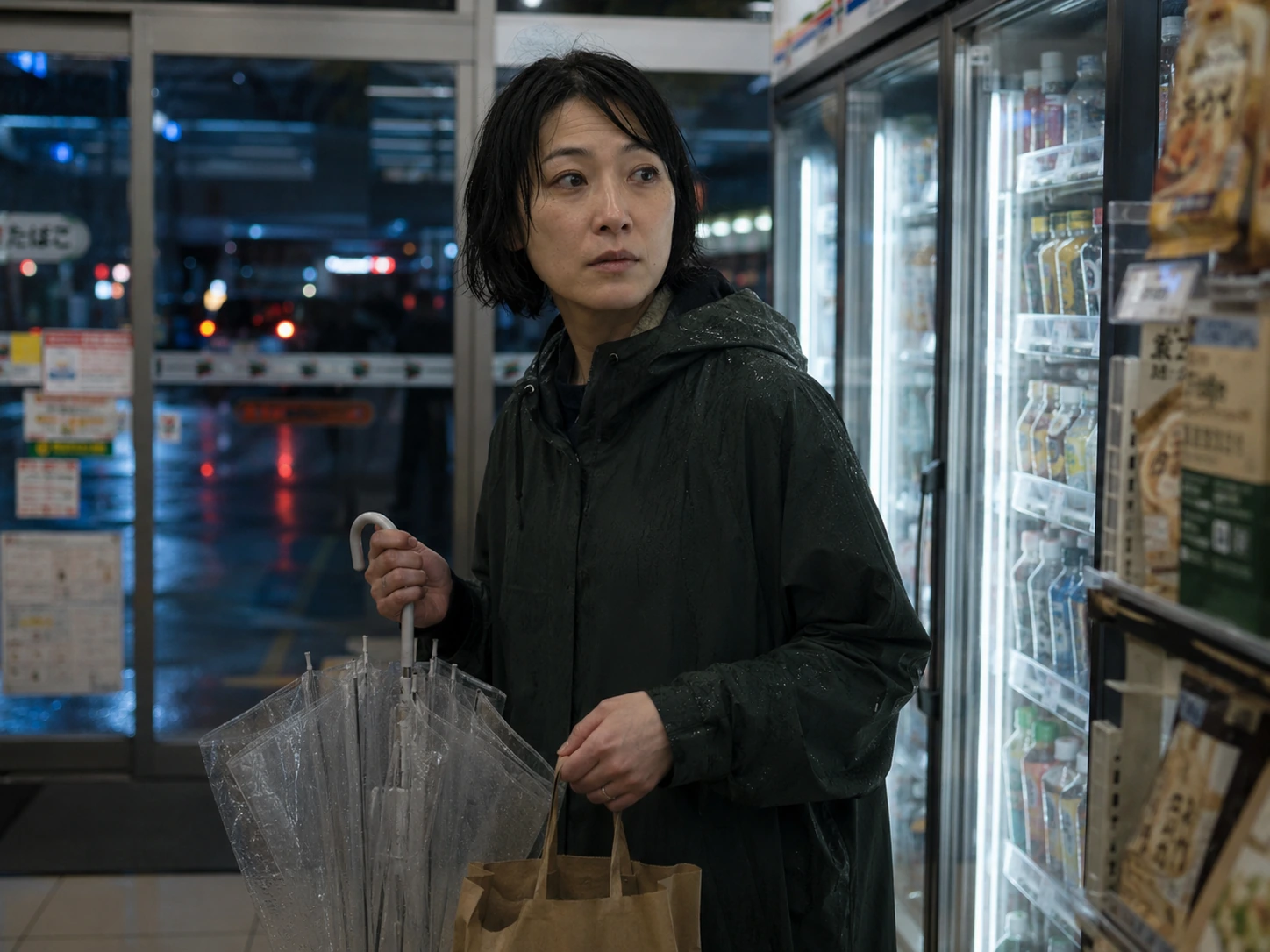GPT-generated photo of a rain-soaked woman holding an umbrella and shopping bag in a convenience store