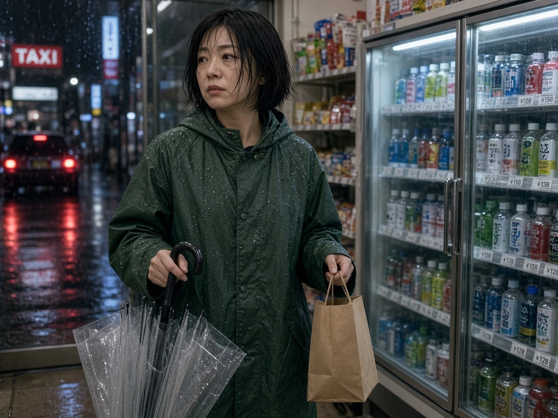 Grok Imagine Image 2.0 photo of a woman with an umbrella in a Japanese store on a rainy night