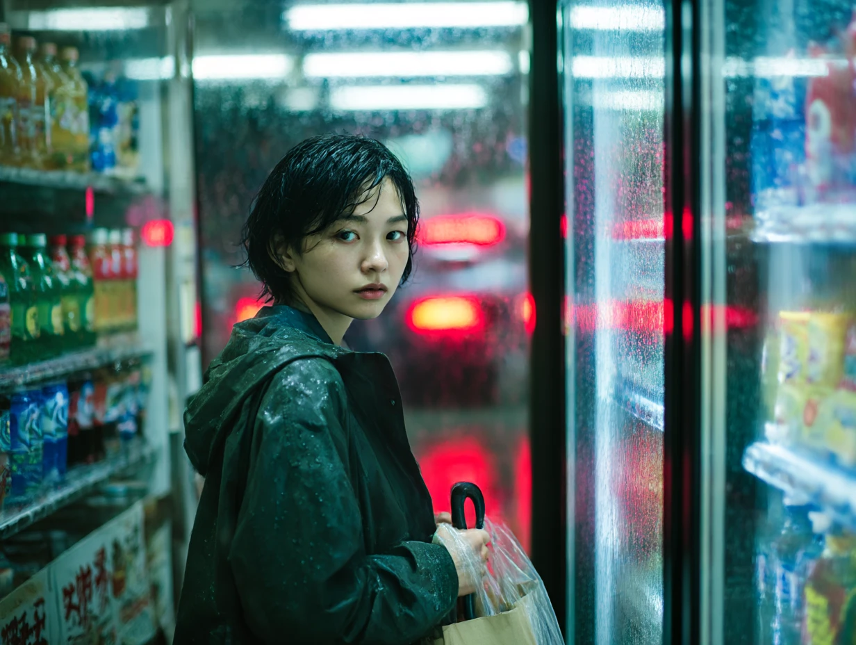 Midjourney cinematic portrait of a woman with an umbrella in a neon-lit convenience store at night