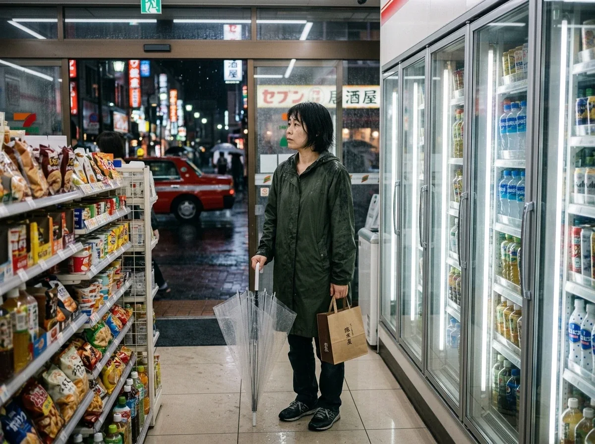 Nano Banana photo of a woman carrying an umbrella and paper bag inside a Japanese convenience store