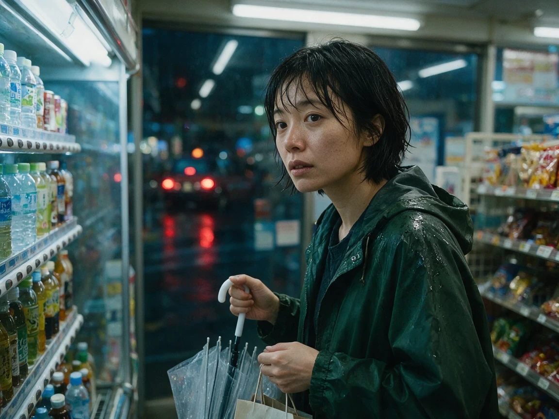 Seedream cinematic image of a rain-soaked woman holding an umbrella in a convenience store at night