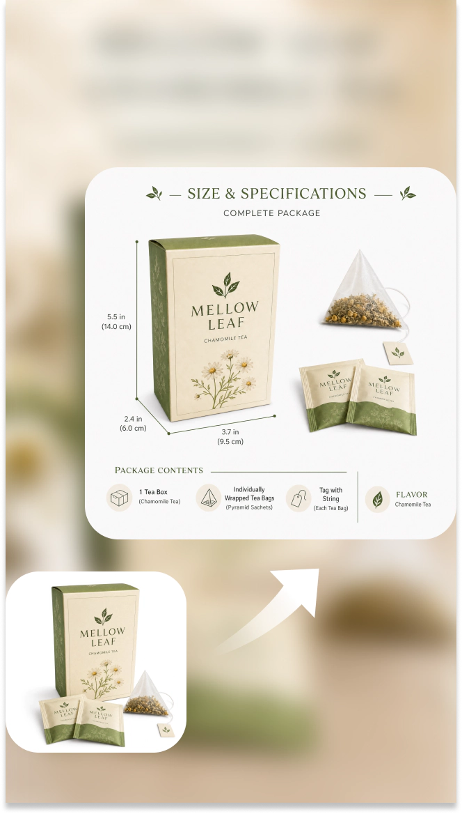 tea package image with size and specification details
