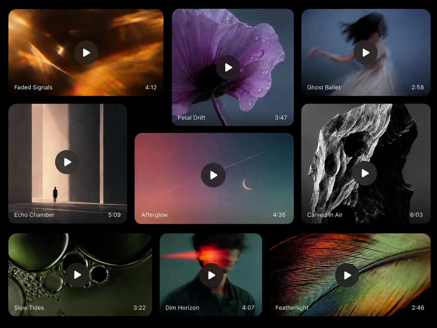 Suno v5.5 AI music generation gallery with artistic song covers and playback cards