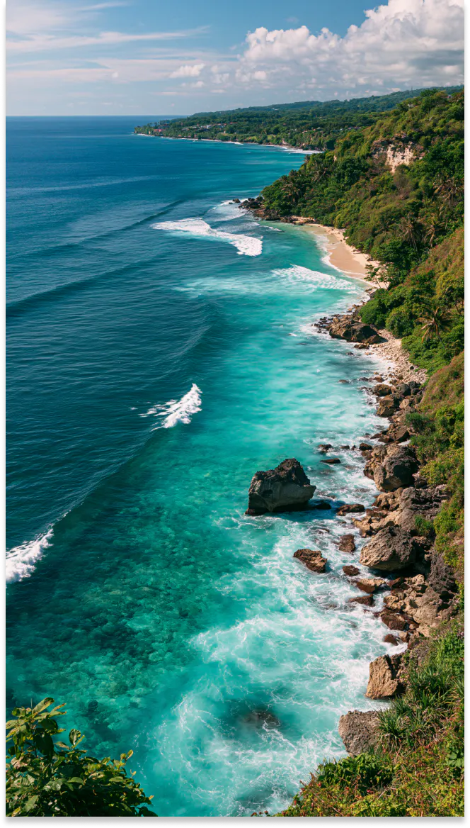 aerial view of a tropical coastline and blue ocean
