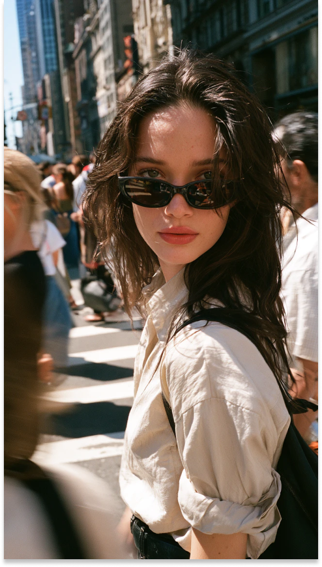 candid street photo of a woman wearing sunglasses