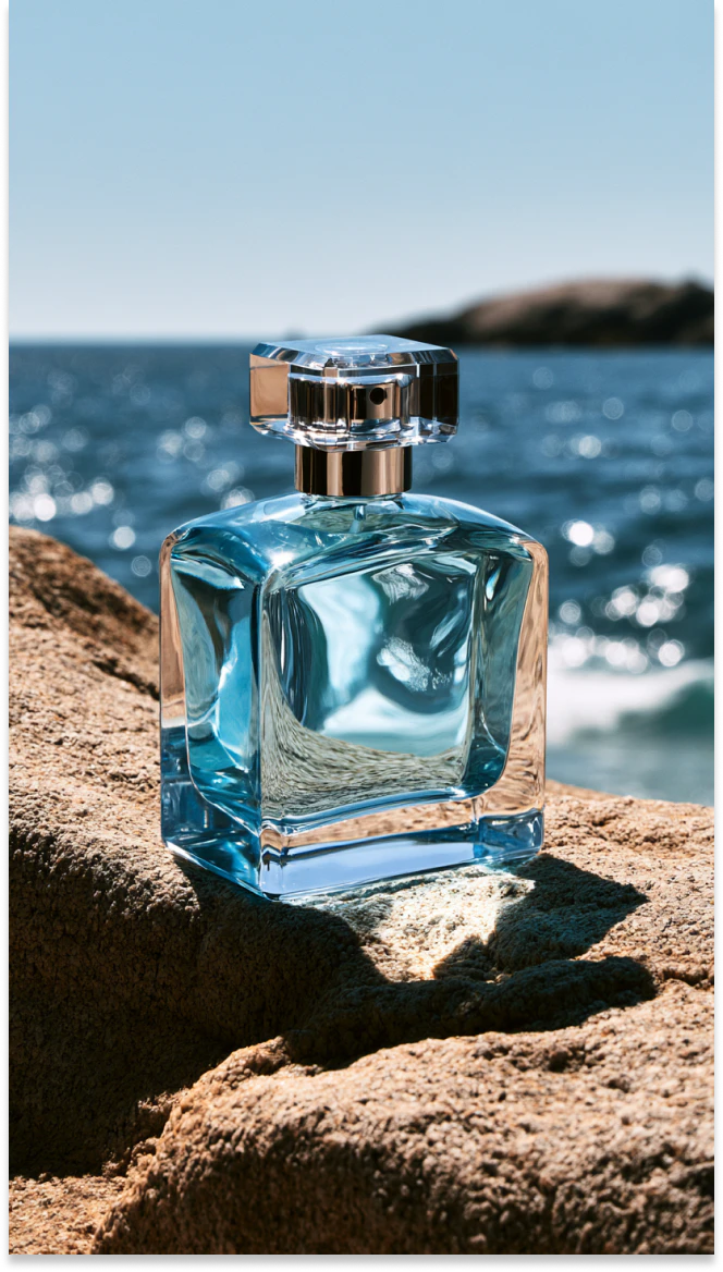 perfume bottle displayed on a rock by the sea