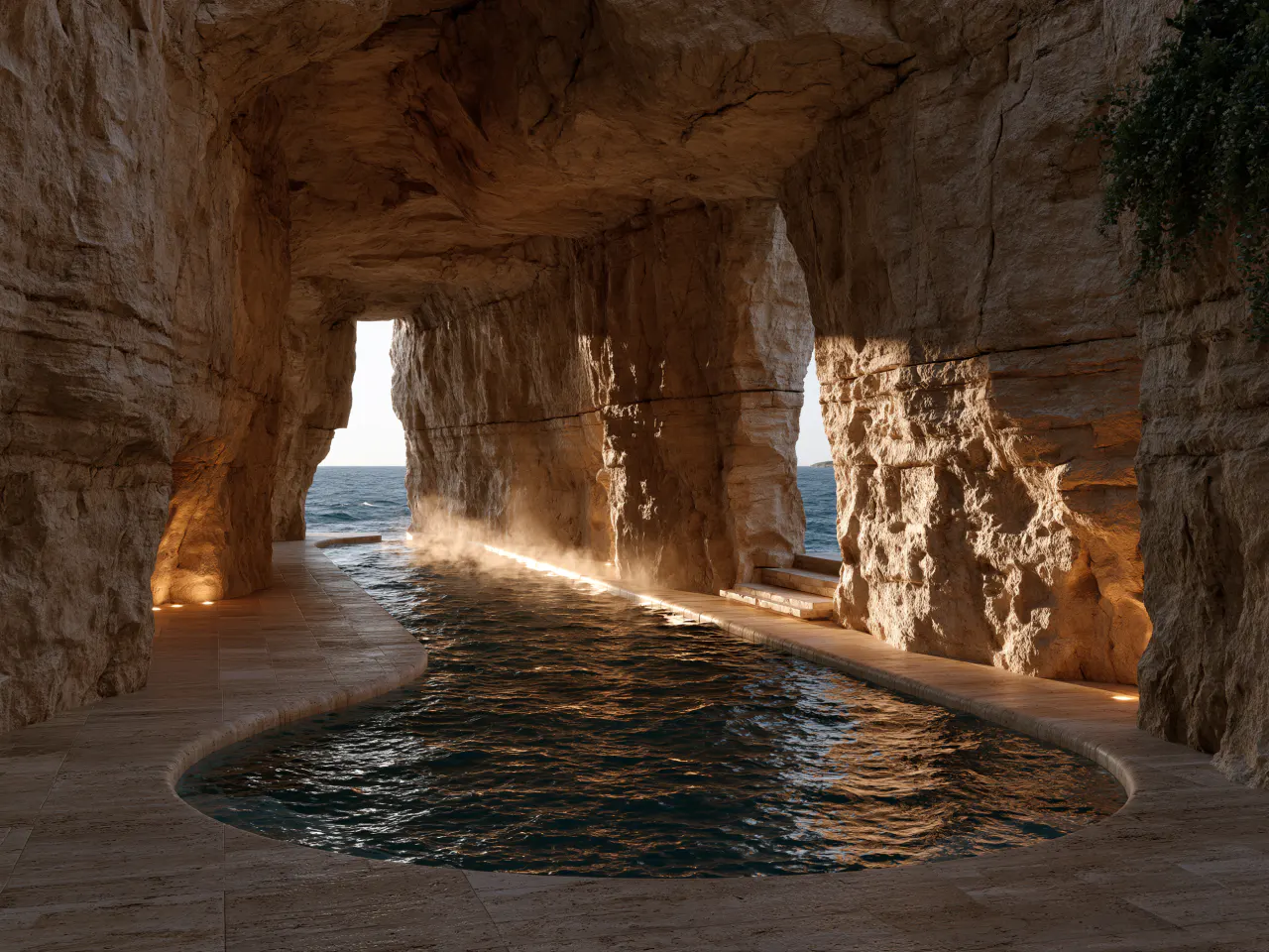 realistic cave landscape with a reflective pool