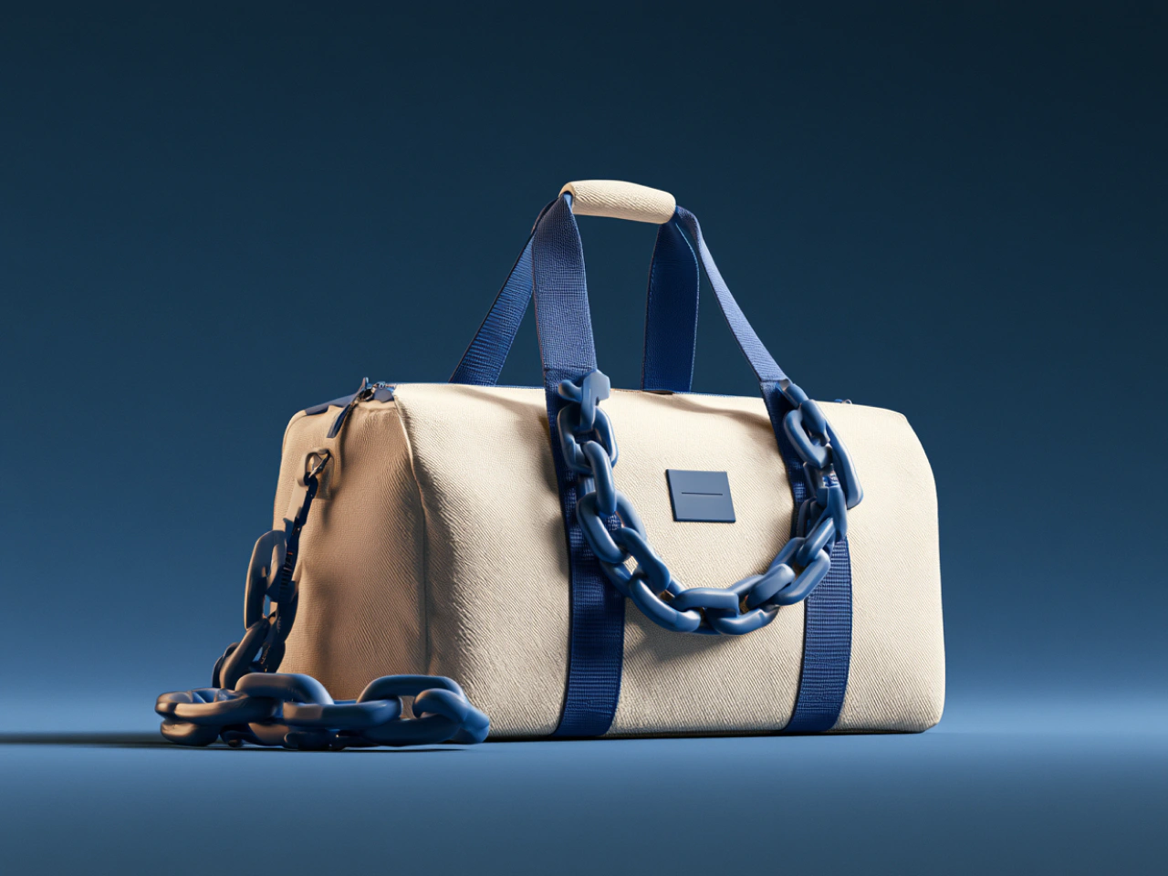 realistic product photo of a white and blue duffel bag
