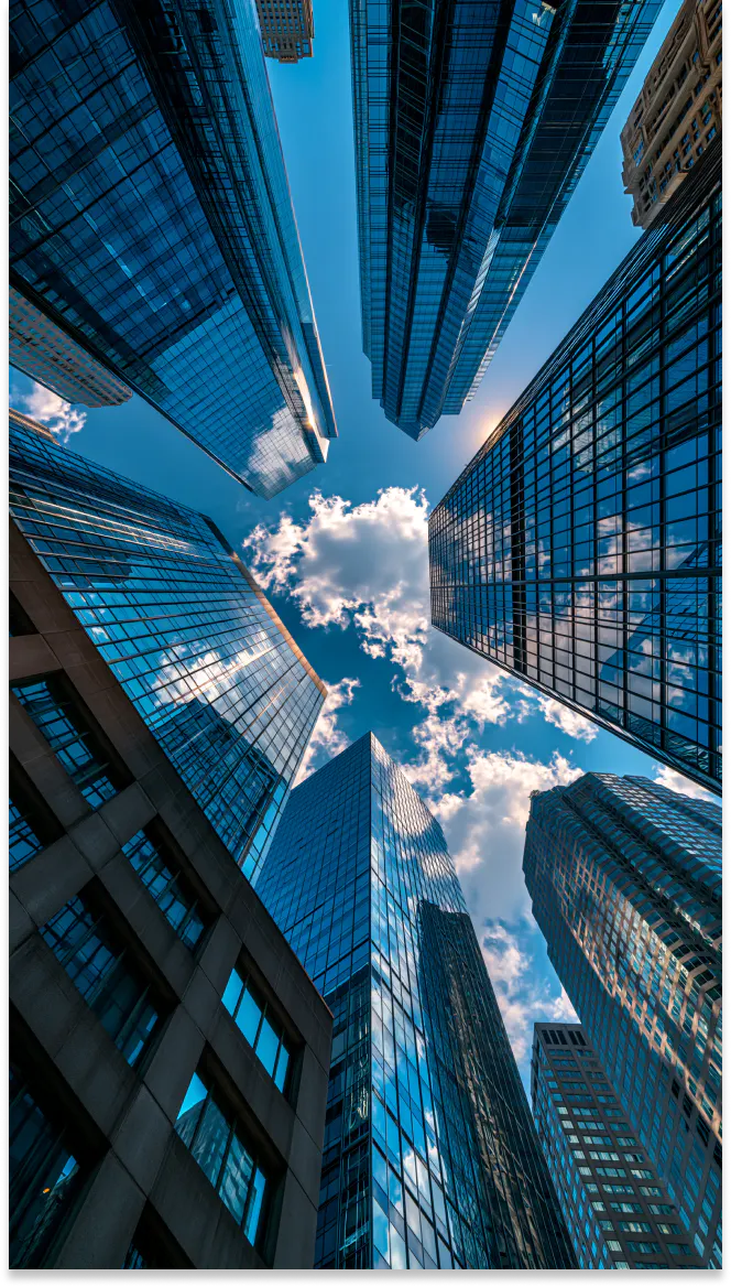 upward view of modern city skyscrapers