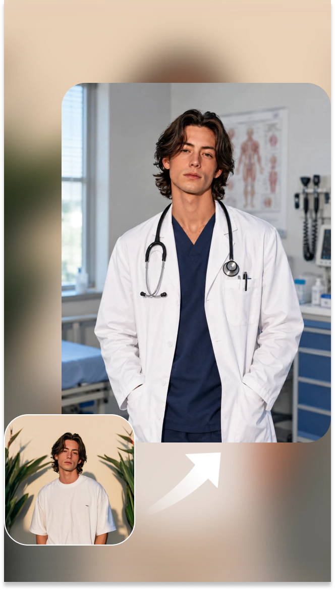 man's photo transformed into a doctor portrait in a white coat