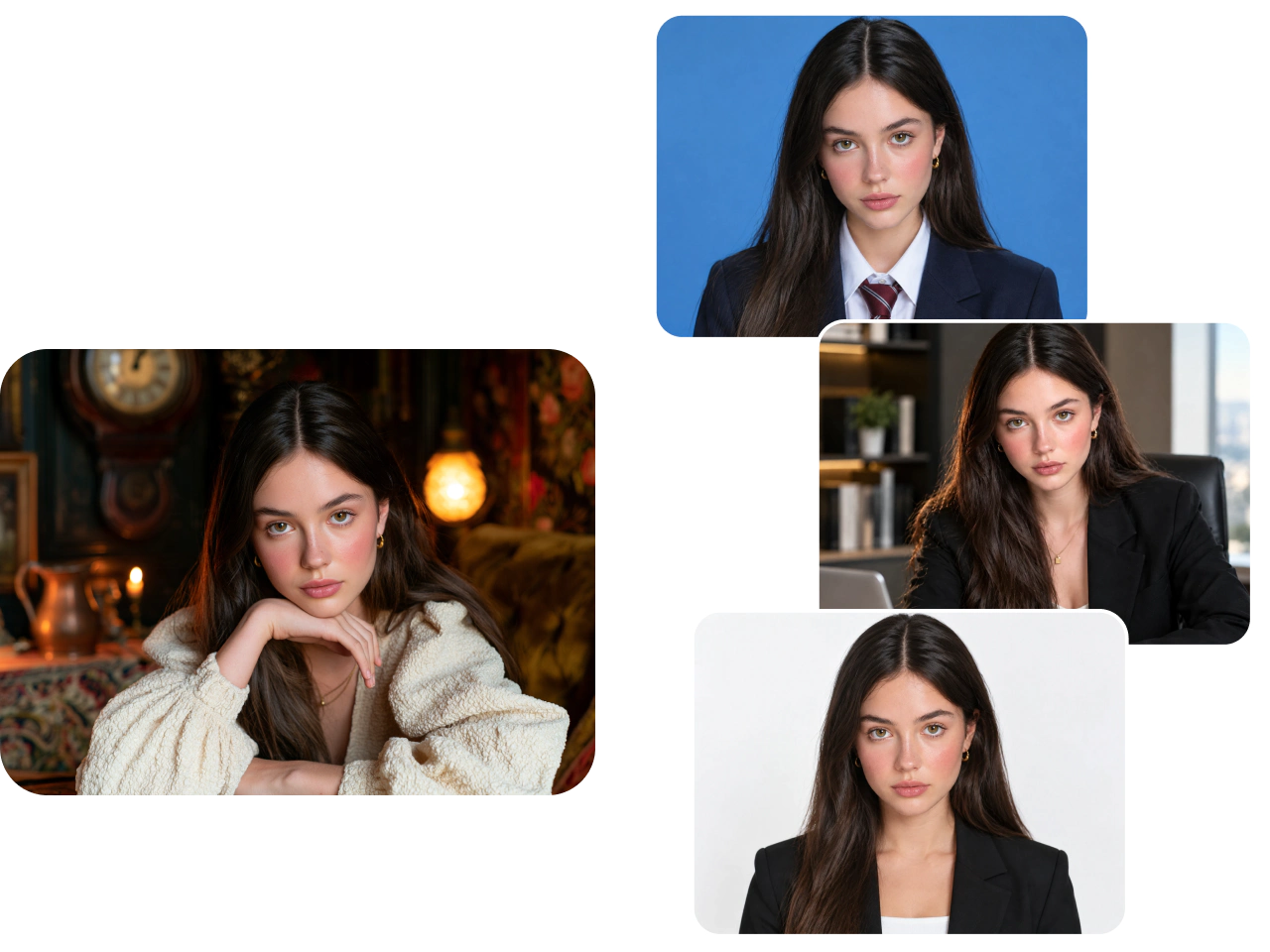 multiple headshot styles generated from one woman’s photo