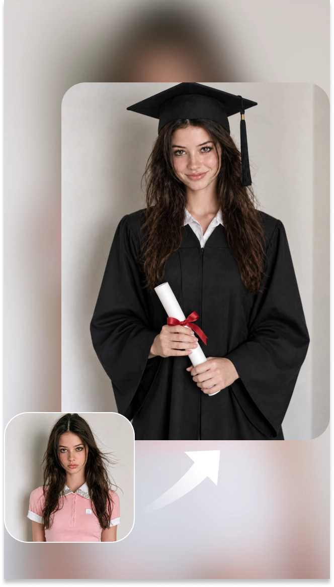 woman's photo transformed into a graduation portrait with a cap and gown