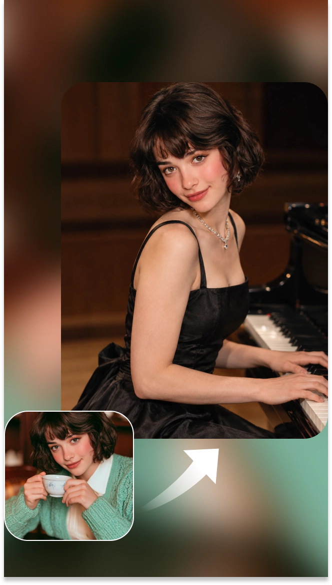 woman's photo transformed into a professional pianist portrait