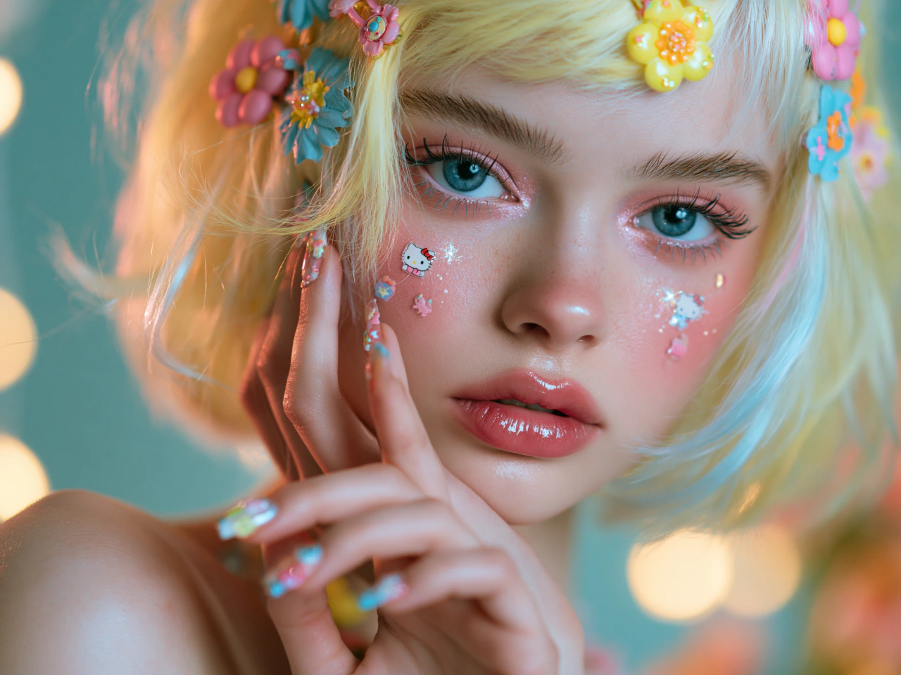 a woman with pink blush, glossy lips, and floral face decorations