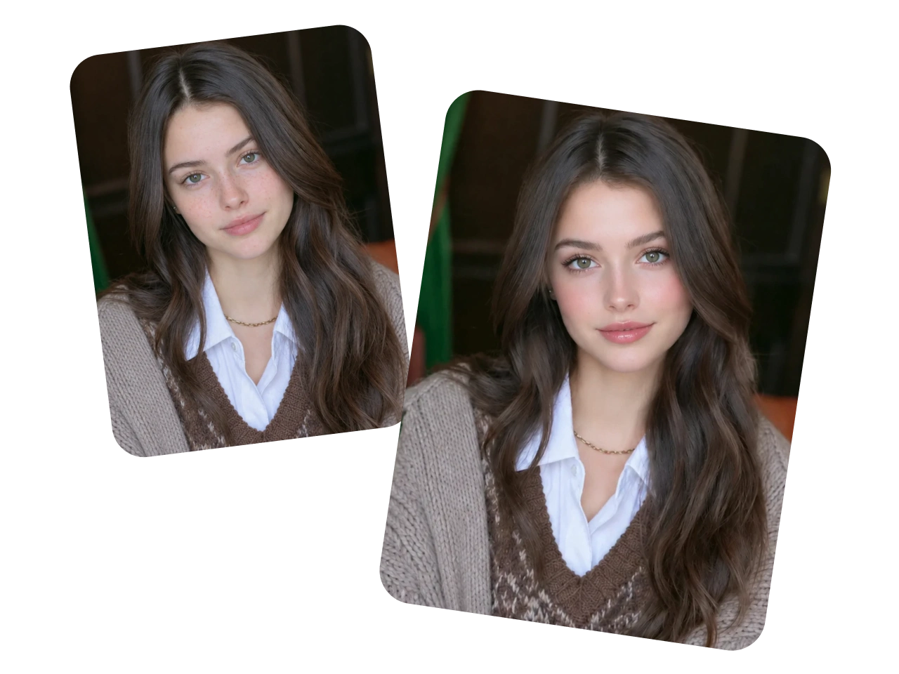 a woman’s portrait before and after virtual makeup