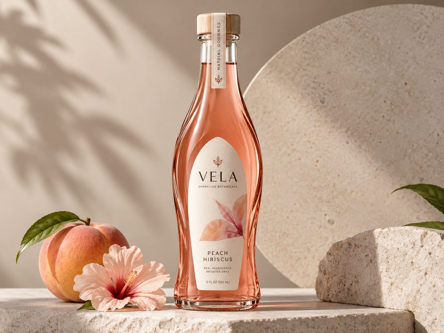 Vela Peach Hibiscus sparkling botanical drink bottle with peach and hibiscus on a stone display