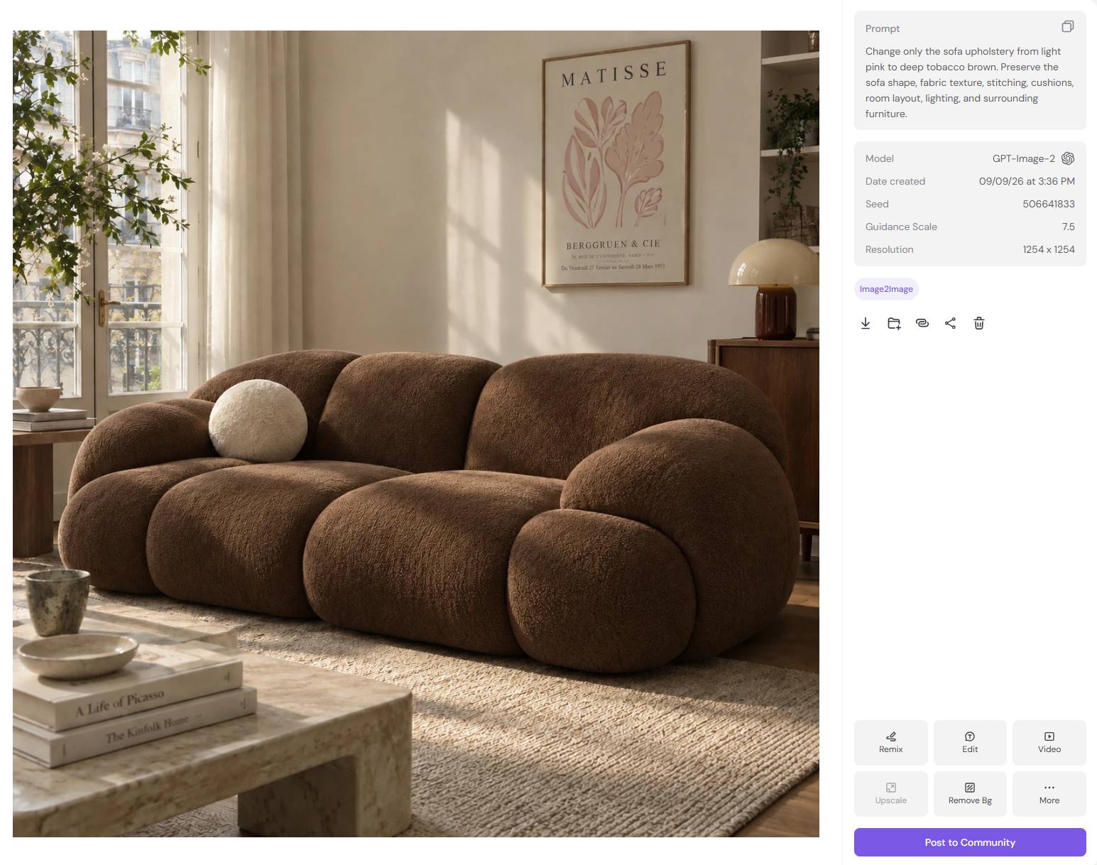 AI color change example showing a deep tobacco brown boucle sofa in a sunlit living room
