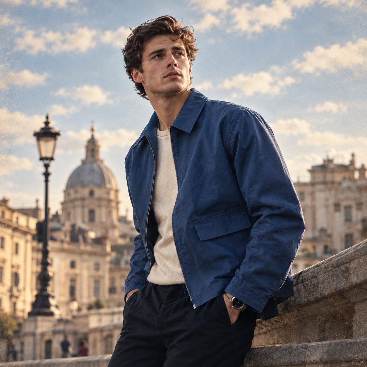 Man wearing a blue jacket outdoors against historic European architecture