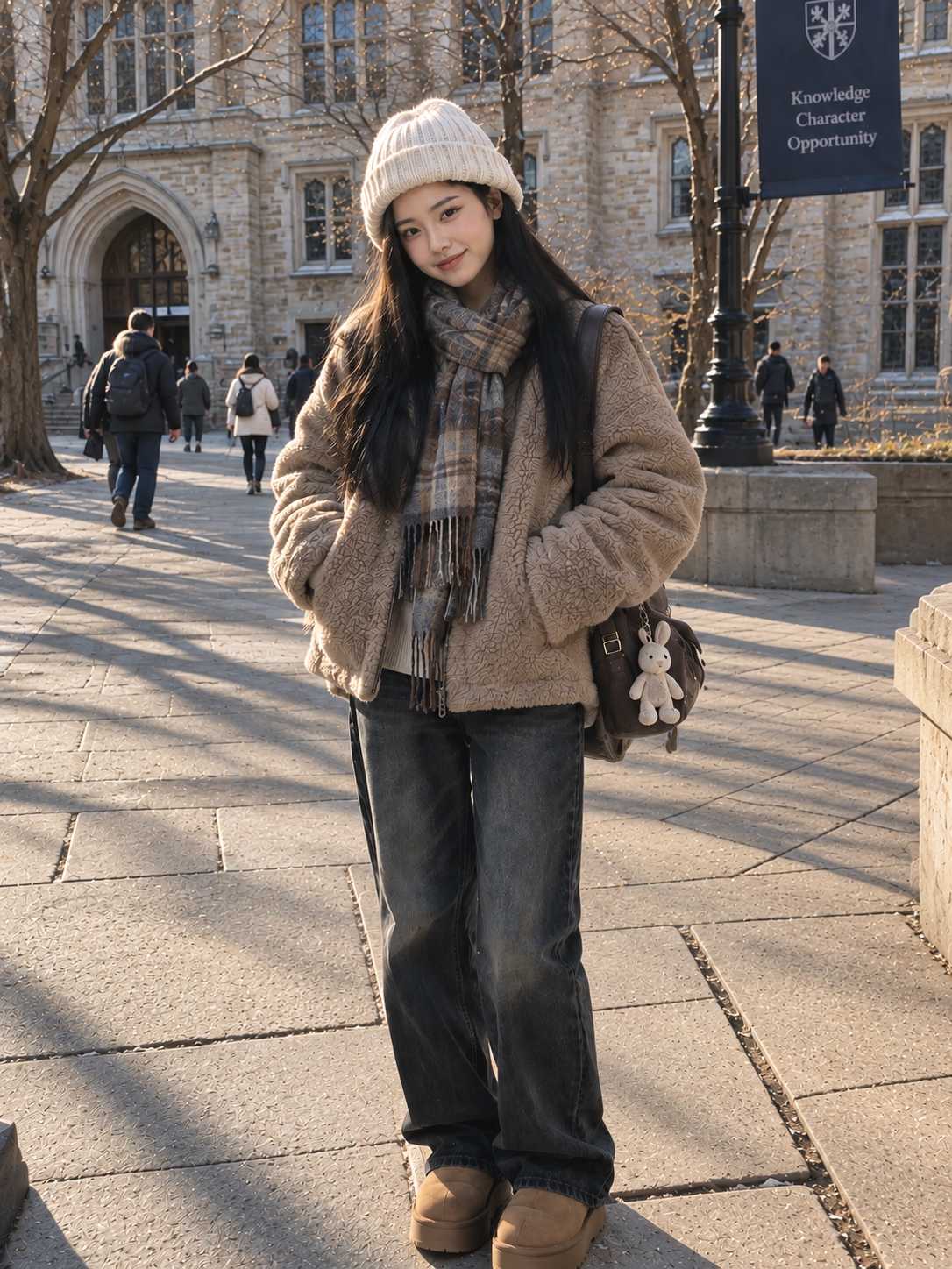 Young woman in a winter coat and knit hat standing on a university campus