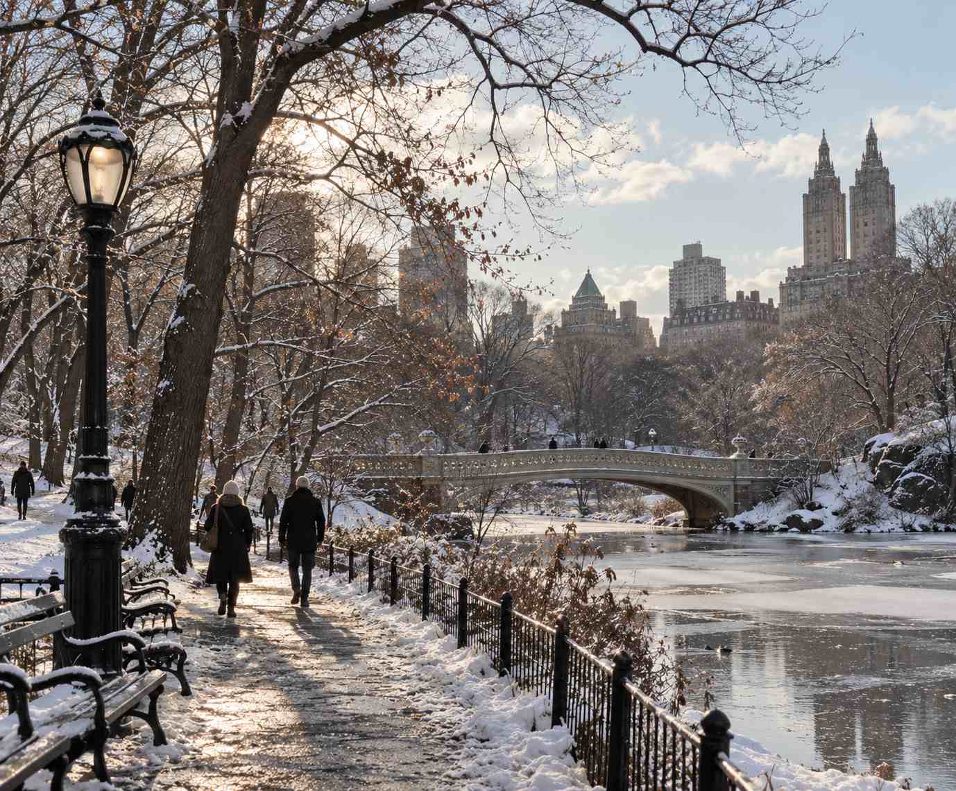 Snow-covered Central Park path and Bow Bridge with the Manhattan skyline