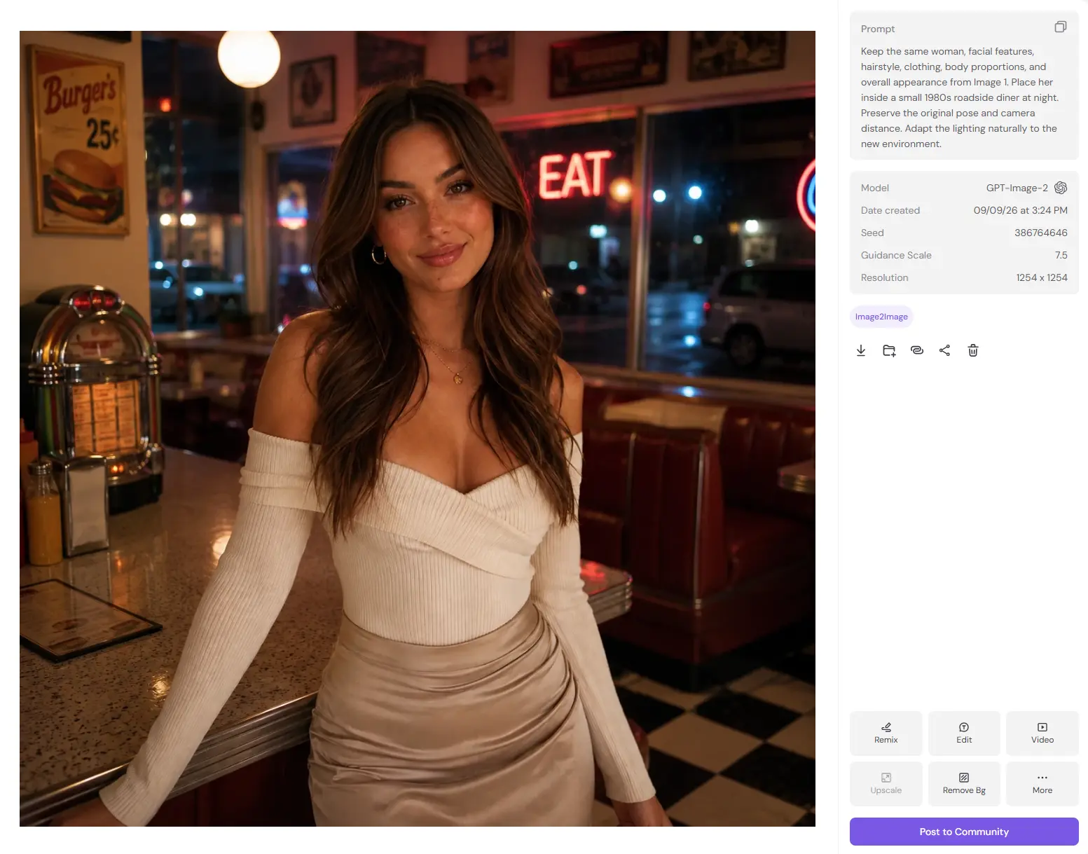 AI background change placing a woman inside a retro roadside diner at night