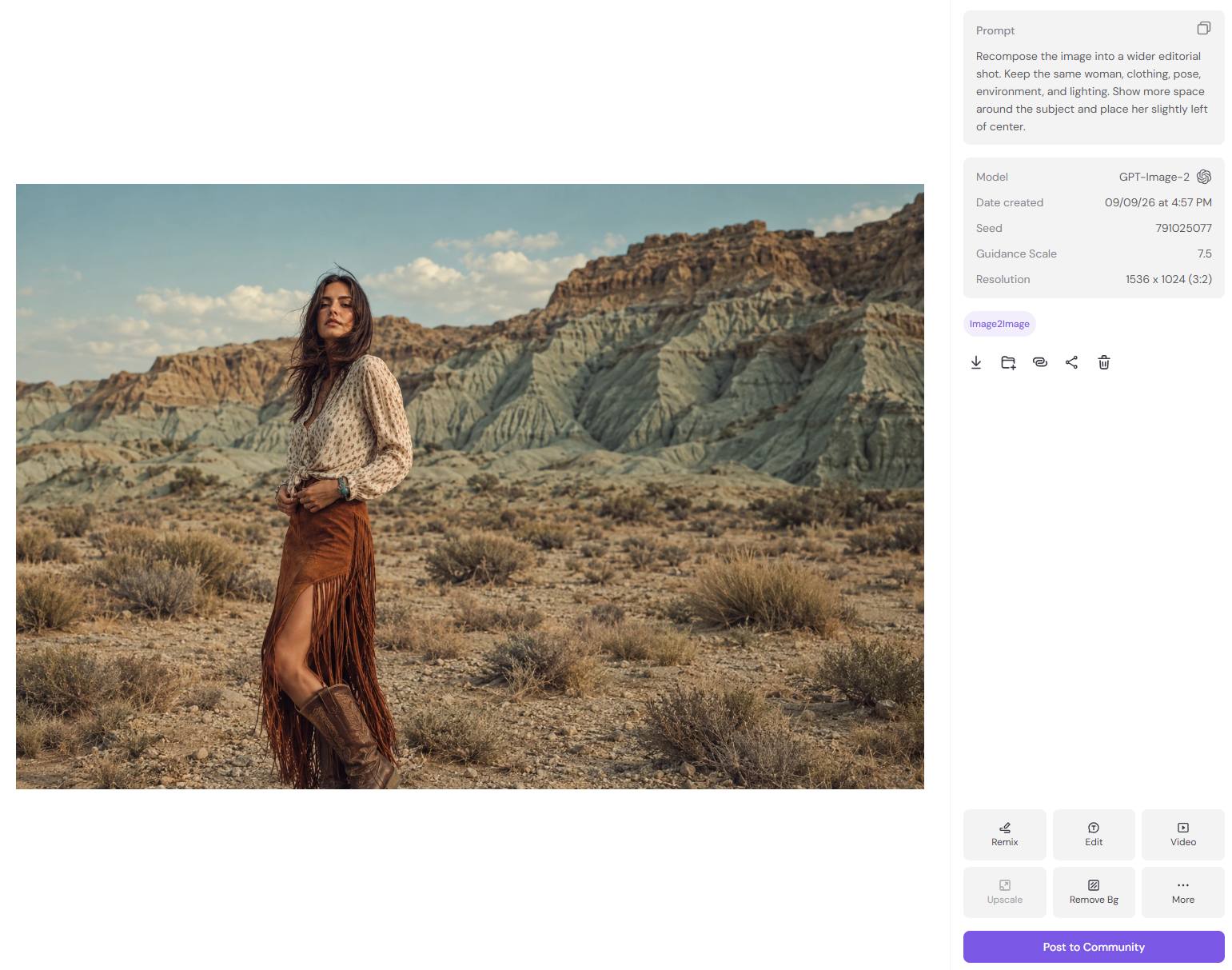 AI image recomposition showing a wide editorial portrait in a desert landscape