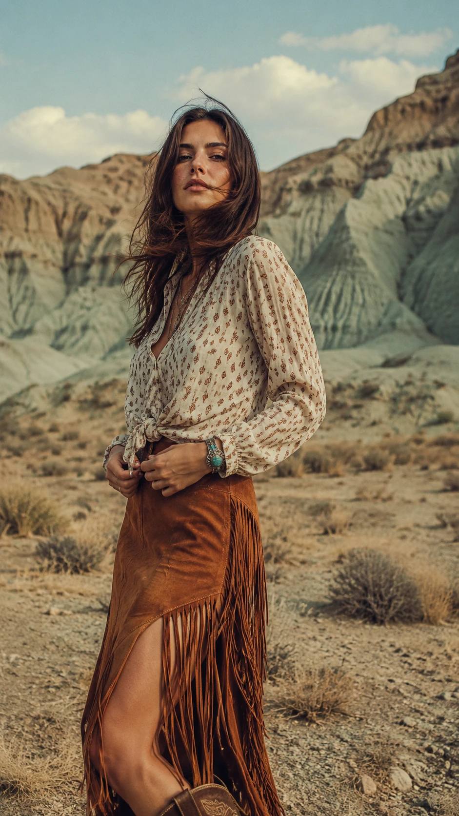 Bohemian woman wearing a fringed suede skirt in a rugged desert landscape