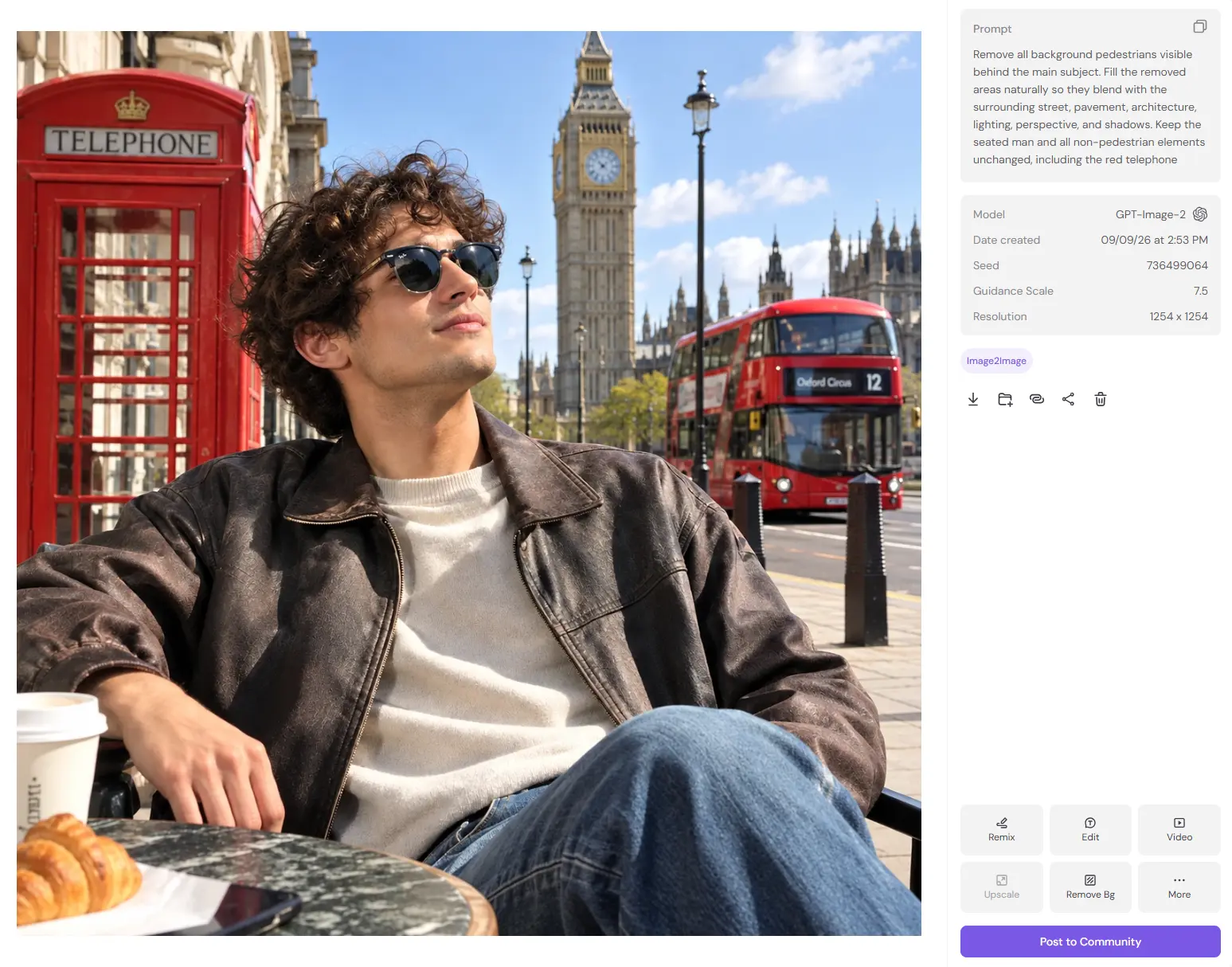 AI object removal example with background pedestrians removed from a London cafe scene