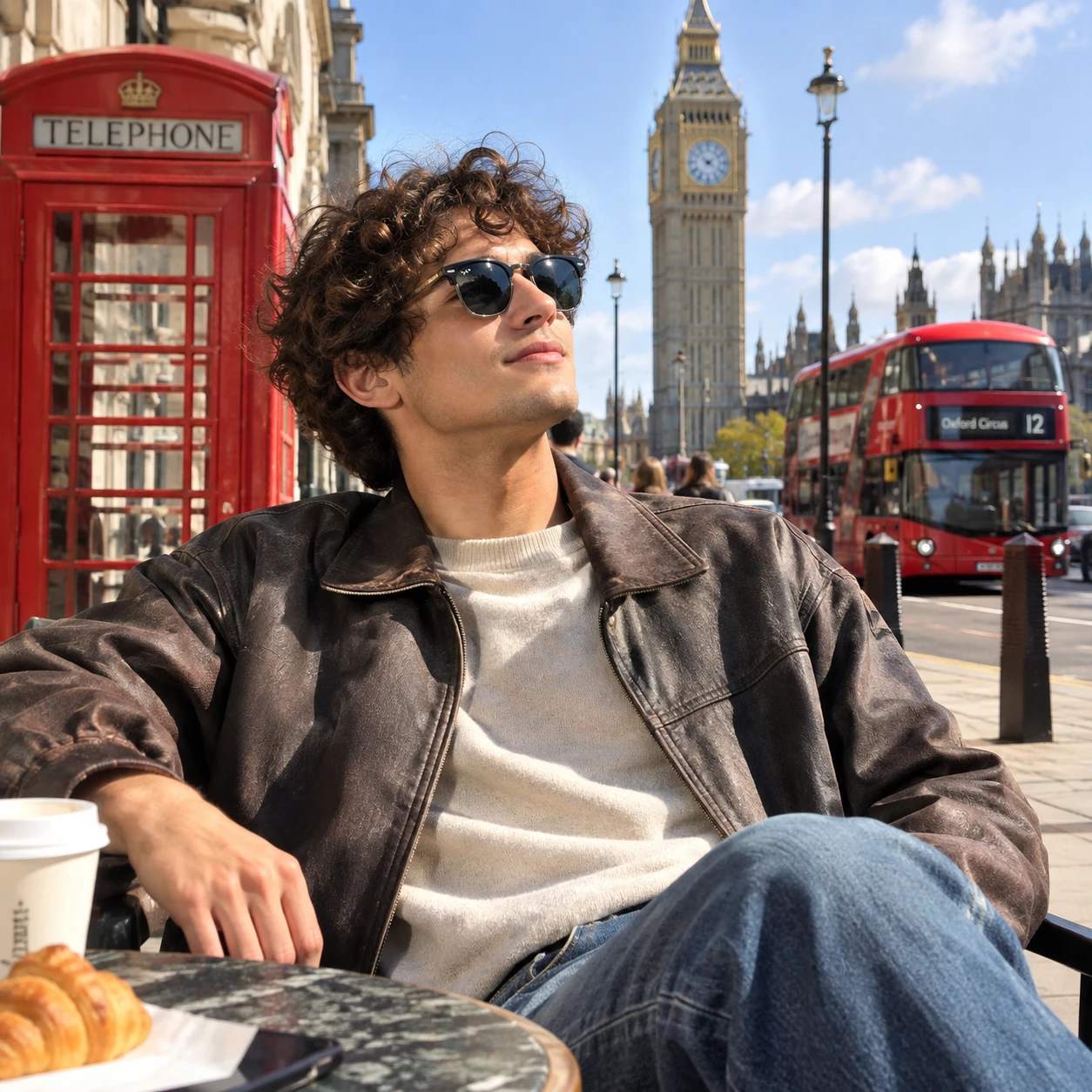 Man in sunglasses at a London cafe near a red phone booth, double-decker bus, and Big Ben