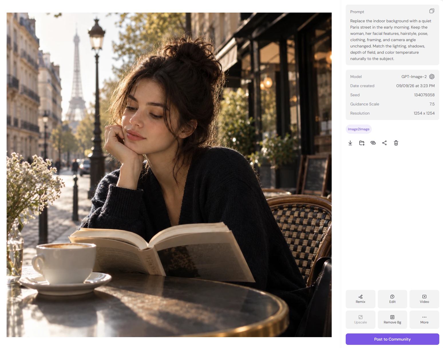 AI background replacement showing a woman reading at a Paris cafe near the Eiffel Tower