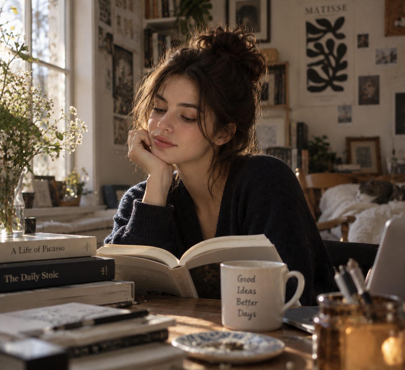 Young woman reading at a desk in a cozy sunlit bedroom